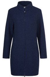 Dunkelblauer Mantel, einfarbig, Stehkragen, durchgehender Reißverschluss, lange Ärmel, gerade geschnitten, knielang