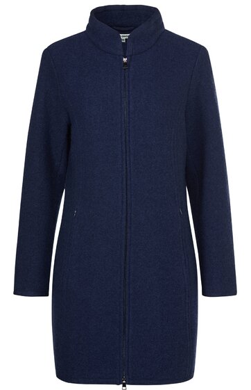 Dunkelblauer Mantel, einfarbig, Stehkragen, durchgehender Reißverschluss, lange Ärmel, gerade geschnitten, knielang