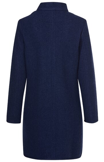 Dunkelblauer Mantel, unifarben, gerader Schnitt, stehender Kragen, lange Ärmel, Rückenansicht