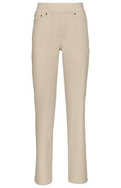 Beige Hose ohne Muster, gerader Schnitt, mit Hosentaschen vorne und umlaufendem Bund, gerades Bein, keine sichtbaren Verschlüsse, ohne sichtbare Verzierungen