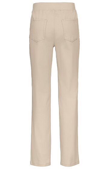 Beige Hose, gerader Schnitt, zwei aufgesetzte Gesäßtaschen, elastischer Bund, lange Beinlänge