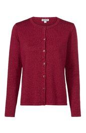 Damenstrickjacke, bordeauxrot, einfarbig, Rundhalsausschnitt, lange Ärmel, durchgehende Knopfleiste, gerade geschnitten