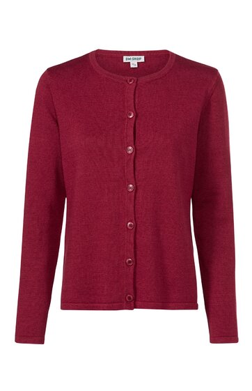 Damenstrickjacke, bordeauxrot, einfarbig, Rundhalsausschnitt, lange Ärmel, durchgehende Knopfleiste, gerade geschnitten