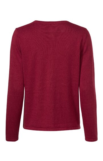 Damenpullover in weinrot, einfarbig, langer Ärmel, Rundhalsausschnitt, gerade geschnitten, ohne weitere sichtbare Details