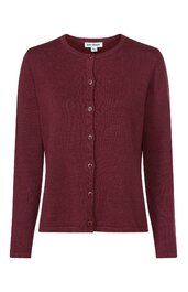 Dunkelrotes, einfarbiges Damenstrickjacke mit Rundhalsausschnitt, durchgehender Knopfleiste, lange Ärmel, gerade Passform