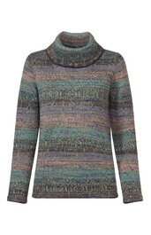 Damenpullover in Blau- und Grüntönen mit feinem, mehrfarbigem Streifen- und Musterdesign, Rollkragen, lange Ärmel, gerade Form