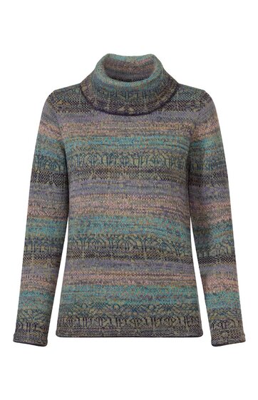Damenpullover in Blau- und Grüntönen mit feinem, mehrfarbigem Streifen- und Musterdesign, Rollkragen, lange Ärmel, gerade Form