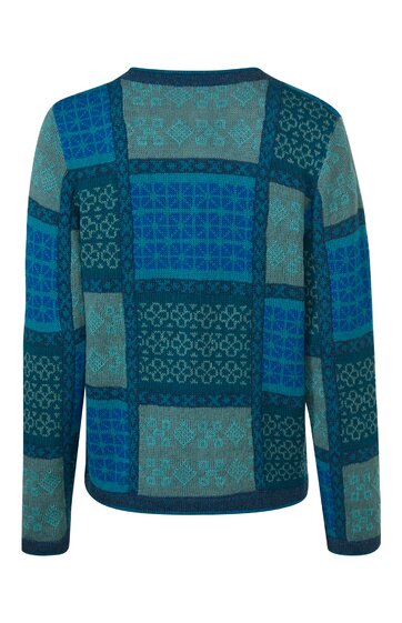 Langärmliger Pullover in verschiedenen Blautönen mit großflächigem Karomuster aus ineinandergreifenden geometrischen Formen, Rundhalsausschnitt, gerade geschnitten
