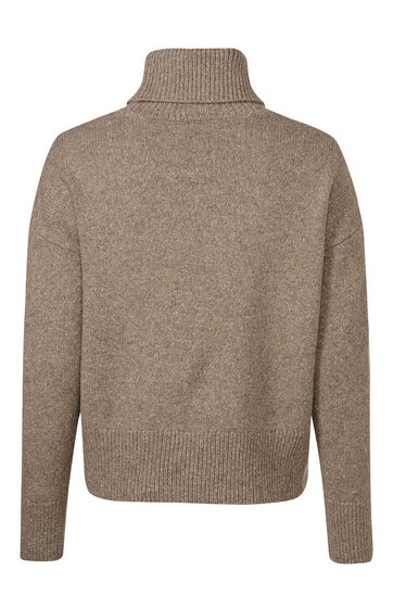 Beiger Rollkragenpullover ohne Muster, lange Ärmel, gerader Schnitt, gerippte Bündchen an Ärmelenden, Saum und Rollkragen, Rückansicht