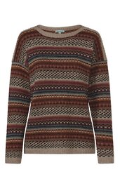 Pullover mit Rundhalsauschnitt, langärmlig, braun und beige gestreift mit geometrischem Muster, gerade geschnitten