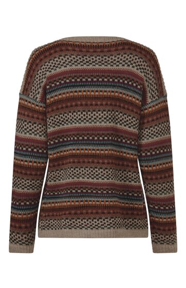 Pullover mit rundem Ausschnitt, gestreift in Braun-, Rot-, Blau- und Beigetönen, mit Norwegermuster, lange Ärmel, gerade Form