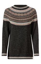 Dunkelgrauer langer Pullover mit Rundhals, Norwegermuster in Beige, Weiß und Hellbraun am oberen Teil, an Ärmeln und Saum, leicht tailliert