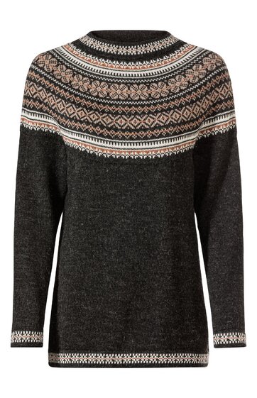 Dunkelgrauer langer Pullover mit Rundhals, Norwegermuster in Beige, Weiß und Hellbraun am oberen Teil, an Ärmeln und Saum, leicht tailliert