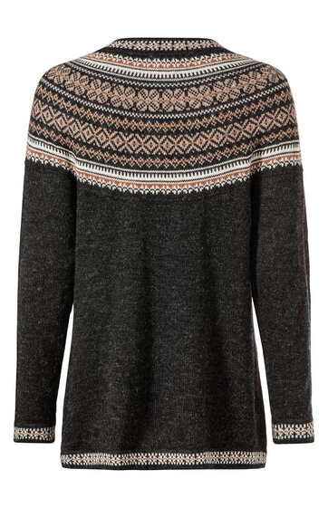 Langärmliger Pullover in dunkelgrau mit mehrfarbigem nordischem Muster in Beige, Weiß und Braun über Schultern und oberen Ärmeln, Rundhalsausschnitt, gerade geschnitten