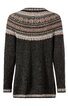 Langärmliger Pullover in dunkelgrau mit mehrfarbigem nordischem Muster in Beige, Weiß und Braun über Schultern und oberen Ärmeln, Rundhalsausschnitt, gerade geschnitten