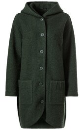 Dunkelgrüner, knielanger Mantel mit durchgehender Knopfleiste, Kapuze, zwei großen aufgesetzten Taschen vorne, schlichter gerader Schnitt, lange Ärmel