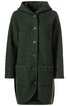 Dunkelgrüner, knielanger Mantel mit durchgehender Knopfleiste, Kapuze, zwei großen aufgesetzten Taschen vorne, schlichter gerader Schnitt, lange Ärmel