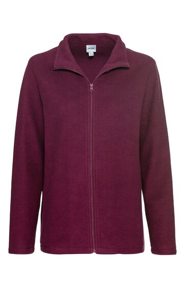 Dunkelrote Fleecejacke, einfarbig, Stehkragen, durchgehender Reißverschluss, lange Ärmel, gerade geschnitten