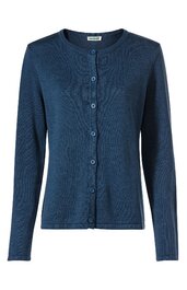 Dunkelblauer Damenstrickcardigan, schlicht, Rundhalsausschnitt, durchgehende Knopfleiste vorne, lange Ärmel, gerade geschnitten