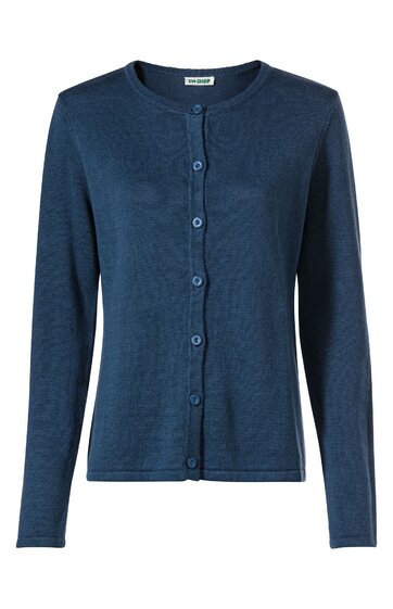 Dunkelblauer Damenstrickcardigan, schlicht, Rundhalsausschnitt, durchgehende Knopfleiste vorne, lange Ärmel, gerade geschnitten