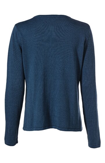 Langärmeliges Oberteil in dunklem Blau, unifarben, Rundhalsausschnitt, gerade geschnitten, ohne sichtbare Verzierungen, Rückansicht