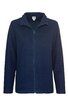 Dunkelblaue Fleecejacke, durchgehender Reißverschluss, Stehkragen, lange Ärmel, gerade geschnitten