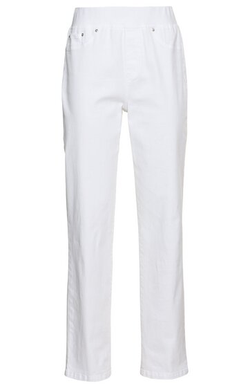 Weiße gerade geschnittene Hose, hoher Bund, fünf Taschen mit Nieten, rechter Hosenschlitz mit Reißverschluss, schlichte Nahtführung