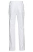 Weiße lange Hose ohne Muster, gerade geschnitten, elastischer Bund hinten, zwei aufgesetzte Taschen hinten, ohne sichtbare Verschlüsse