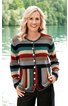 Gestrickte Jacke in Rot, Dunkelgrün, Grau und Beige, mehrfarbig gestreift, Rundhalsausschnitt, Knopfleiste mit weißen Knöpfen, lange Ärmel, mit Taschen, getragen von lächelnder Frau vor Wasser und Bäumen