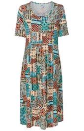 Kleid mit kurzem Arm, gemustert mit geometrischen Formen und floralen Elementen in Türkis, Braun, Weiß und Rot, Rundhalsausschnitt, knielang, lockere Passform