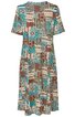 Knielanges Kleid in Türkis, Braun und Beige mit geometrischem Patchwork-Muster, kurzer Ärmel, Rundhalsausschnitt, lockere Passform