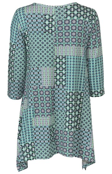 Kleid in helltürkis und schwarz mit geometrischem Muster, langärmlig, runder Ausschnitt, locker geschnitten, asymmetrischer Saum, knielang