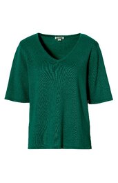 Damen-T-Shirt, dunkelgrün, unifarben, V-Ausschnitt, kurze Ärmel, gerade geschnitten