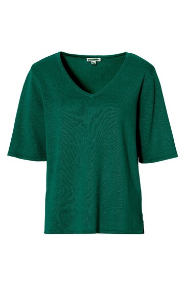 Damen-T-Shirt, dunkelgrün, unifarben, V-Ausschnitt, kurze Ärmel, gerade geschnitten