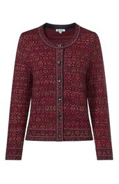 Rote Strickjacke mit dunklem Blumenmuster, Rundhalsausschnitt, durchgehende Knopfleiste mit großen Knöpfen, lange Ärmel, gerade geschnitten