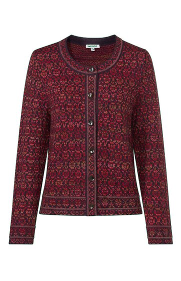 Rote Strickjacke mit dunklem Blumenmuster, Rundhalsausschnitt, durchgehende Knopfleiste mit großen Knöpfen, lange Ärmel, gerade geschnitten