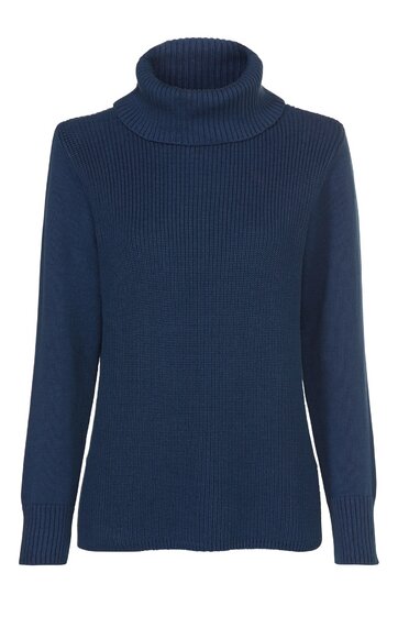 Dunkelblauer Rollkragenpullover, gerippter Strick, lange Ärmel, gerade geschnitten