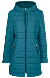 Dunkelgrüner, wattierter Damenmantel, durchgehender Reißverschluss, Kapuze mit Kordeln, zwei seitliche Reißverschlusstaschen, gerade geschnitten, langärmlig