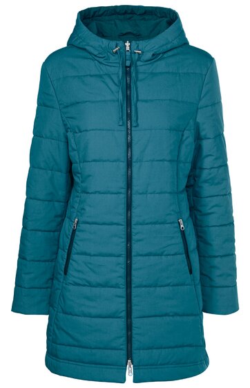 Dunkelgrüner, wattierter Damenmantel, durchgehender Reißverschluss, Kapuze mit Kordeln, zwei seitliche Reißverschlusstaschen, gerade geschnitten, langärmlig