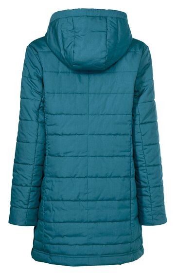 Steinblaues Steppmantel mit Kapuze, waagerechte Steppnähte, lange Ärmel, gerade geschnitten, knielang, ohne sichtbare Verschlüsse