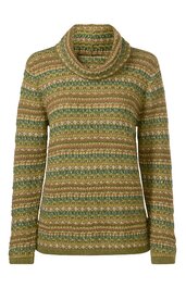 Langärmliger Pullover in Olivgrün und Beige mit gestreiftem Muster, Rollkragen, gerade geschnitten