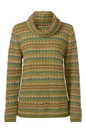 Langärmliger Pullover in Olivgrün und Beige mit gestreiftem Muster, Rollkragen, gerade geschnitten