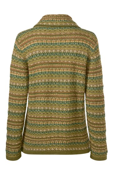 Pullover in olivgrün mit horizontalen Streifenmuster in Hellgrün, Altrosa, Beige und Weiß, Rundhalsausschnitt, lange Ärmel, gerade geschnitten