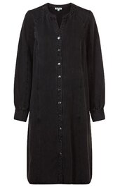 Schwarzes Hemdkleid ohne Muster, durchgehende Knopfleiste vorne, lange Ärmel mit Manschetten, V-Ausschnitt, gerade geschnitten, knielang