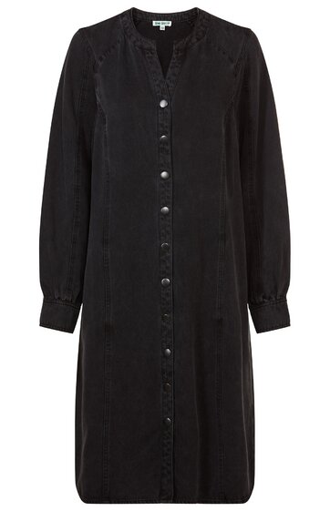 Schwarzes Hemdkleid ohne Muster, durchgehende Knopfleiste vorne, lange Ärmel mit Manschetten, V-Ausschnitt, gerade geschnitten, knielang