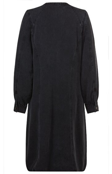 Schwarzes Kleid mit langen Ärmeln, hoher Rundhalsausschnitt, lockere Passform, Ärmel mit elastischen Bündchen, knieumspielende Länge