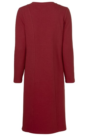 Rotes langärmeliges Midi-Kleid ohne Muster, gerade geschnitten, mit Rundhalsausschnitt, schlichte Rückseite ohne Verzierungen