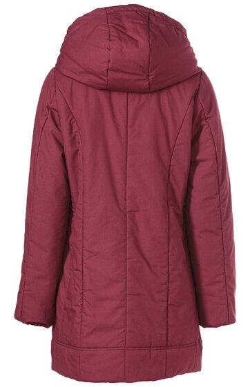 Roter Wintermantel mit Kapuze, lange Ärmel, gerade geschnitten, ohne sichtbare Verschlüsse, leicht tailliert, knielang
