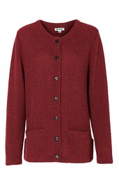 Damenstrickjacke bordeauxrot, einfarbig, Rundhalsausschnitt, durchgehende Knopfleiste, lange Ärmel, zwei aufgesetzte Taschen vorne
