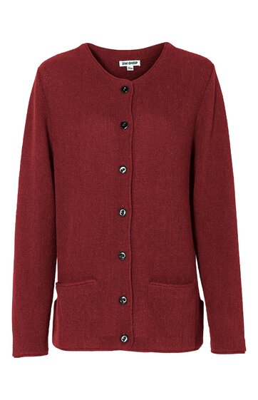 Damenstrickjacke bordeauxrot, einfarbig, Rundhalsausschnitt, durchgehende Knopfleiste, lange Ärmel, zwei aufgesetzte Taschen vorne